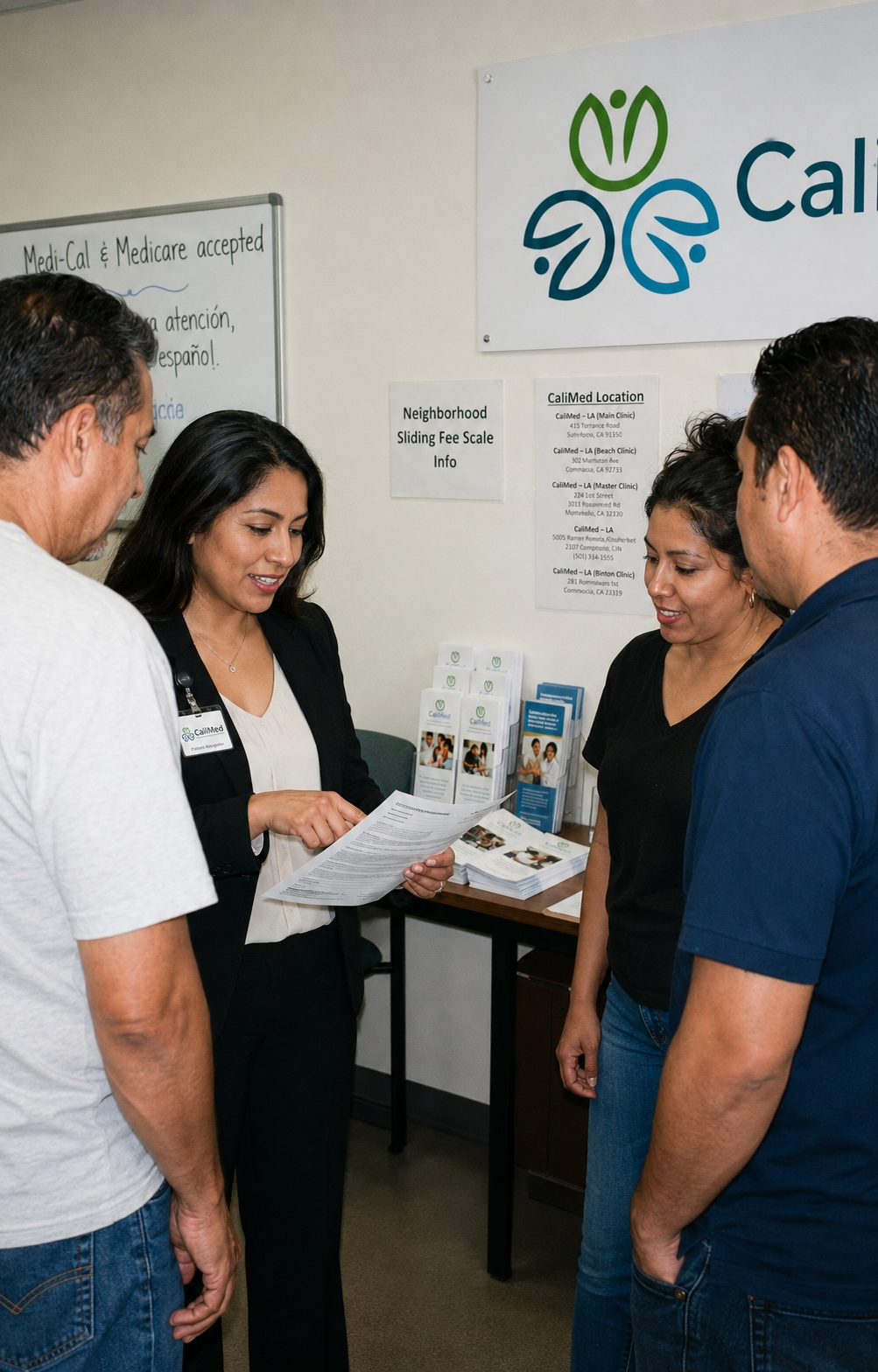 CaliMed staff helping patients with insurance and sliding fee scale information